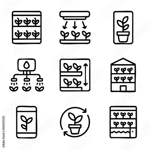A set of doodle line icons illustrating vertical farming, smart irrigation, LED grow lights, plant monitoring, and urban agriculture systems