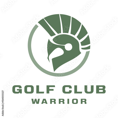 Negative space logo combine two concept of golf sport and spartan gladiator helmet with power bar indicator. Simple flat icon illustration stick golf and movement swoosh golf ball