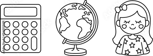 Back to school supplies coloring page for kids calculator globe and girl with bow line art drawing