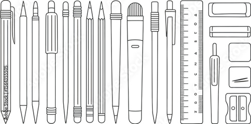 Stationery outline vector illustration of pen pencil ruler eraser sharpener for school office supplies art