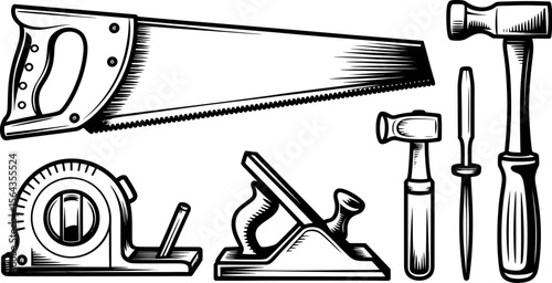 Illustration of carpentry tools saw hammer plane chisel tape measure for woodworking and diy projects