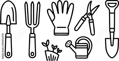 Gardening tools vector icon set outline style shovel fork glove watering can pruner plant garden equipment