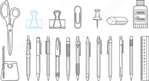 Office supplies outline drawing vector illustration for school or business stationery collection set