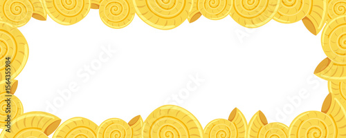 Vector sea frame with yellow spiral shells in a circle. Perfect for text, photos, kids decor, packaging and stationery