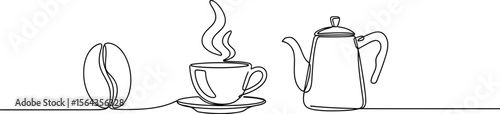 Minimalist coffee art drawing: continuous line of coffee bean, cup, and pot for cafe and kitchen decor