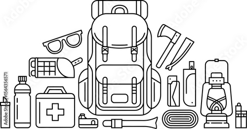 Backpacking gear checklist vector illustration for outdoor adventure and camping essentials equipment