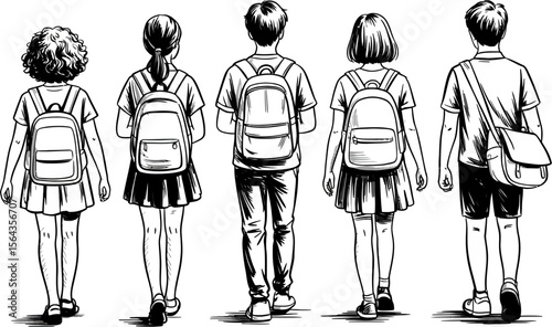 Back to school illustration: students with backpacks walking to school in black and white line art design