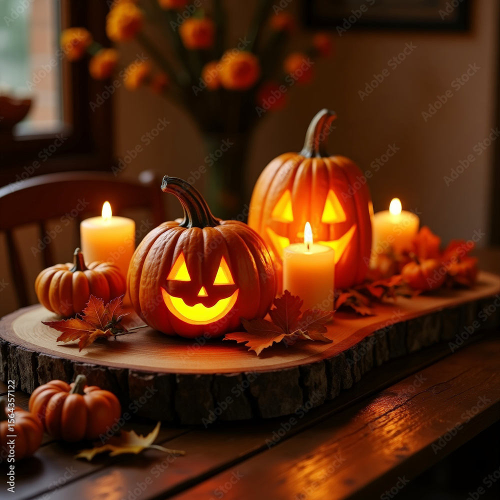 Fototapeta premium Close-up of rustic Halloween table setup with glowing Jack-o-lanterns and burning candles. Surrounded by dried autumn leaves and miniature gourds, warm and cozy seasonal ambiance