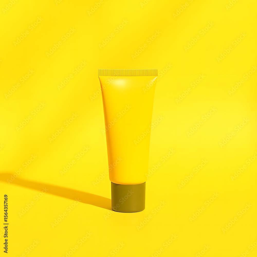 Bright yellow background showcases a tube of yellow sunscreen. Bright yellow background showcases a tube of yellow sunscreen.