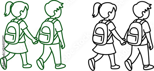 Illustration of kids going to school with backpacks holding hands in black and white line art style