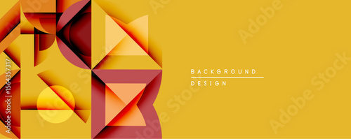 Abstract geometric composition. Overlapping shapes create dynamic visual interest. Warm color palette dominates design, featuring orange, yellow, brown hues. Modern aesthetic.