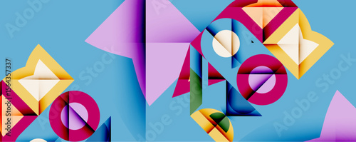 Abstract geometric composition. Bright shapes overlap, creating dynamic visual interest. Colors include purple, yellow, pink, blue, white. Modern design, clean lines, vibrant aesthetic.