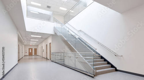 Hospital stairwell with clean white walls and stainless steel railing, bright modern interior with natural light and calm atmosphere