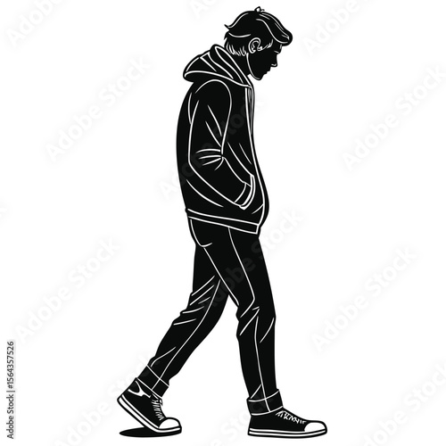 Walking Silhouette: Man in Hoodie and Jeans, Casual Style Illustration