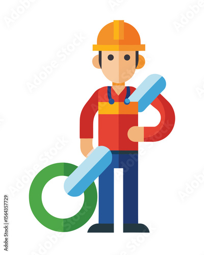Illustrated Construction Worker Holding a Large Wrench Ready to Fix Things with Professional Competence and Diligence for Work