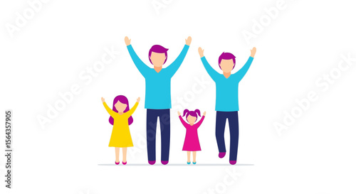 Happy Family with Two Adults and Two Children Raising Arms on White Background
