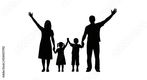 Silhouette of Happy Family Holding Hands with Raised Arms on White Background
