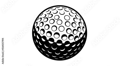 Black and White Golf Ball Illustration with Dimpled Texture on White Background

