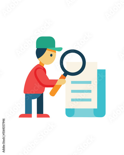 Flat Vector Illustration of Inspector Examining Document with Magnifying Glass Person Reviewing Information for Accuracy and Thoroughness Process of Auditing