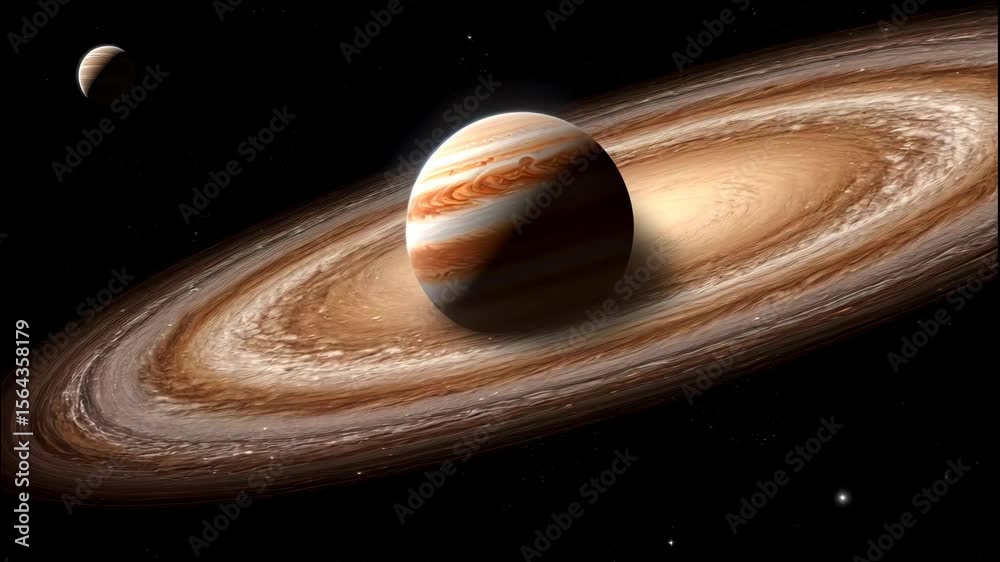 This astonishing 3D 4K image depicts the majestic planet Jupiter surrounded by its stunning rings and moons in a cosmic setting, showcasing vibrant colors and intricate details of space.