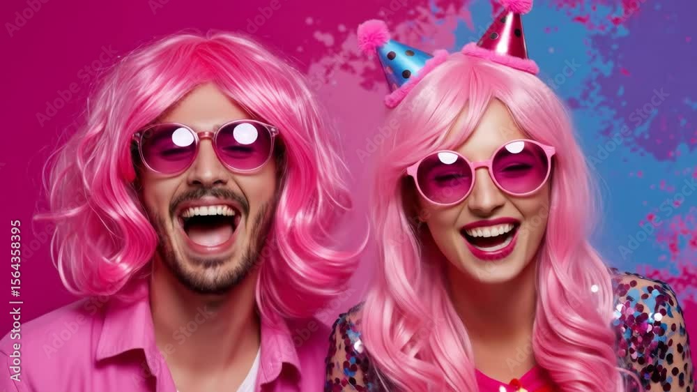 Joyful Couple in Pink Wigs Celebrating Birthday - A man and woman, both wearing vibrant pink wigs and sunglasses, laugh together against a pink and purple backdrop. Joyful Couple in Pink Wigs Celebrating Birthday - A man and woman, both wearing vibrant pink wigs and sunglasses, laugh together against a pink and purple backdrop.