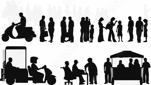 Silhouette image showing people waiting in line and riding various modes of transportation including scooter