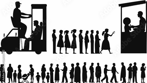 Silhouette illustration of people waiting in lines at a fair with a ticket booth and a ride operator booth