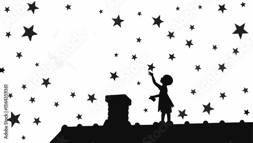 Silhouette of a child reaching for stars above a rooftop with a chimney under a starry night sky scene