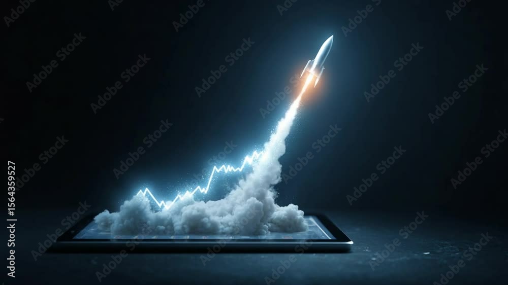 Rocket Launch from Tablet with Glowing Graph, Illustrating Business Growth, Startup Success and