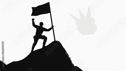 Silhouette of a soldier on a mountain top holding a flag with a cloud in the background victory scene