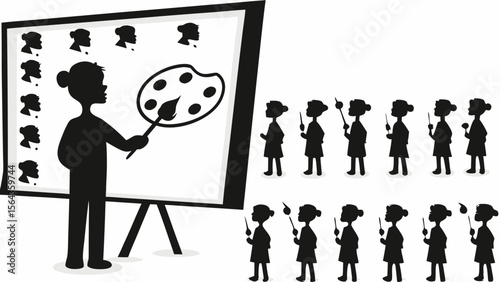Silhouette of a girl painting on a canvas with a palette and brush in front of an audience of girls