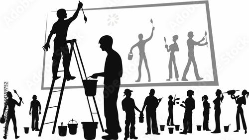 Silhouette of people painting a large canvas with brushes and buckets on a white background display art
