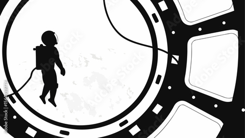 Silhouette of an astronaut floating in space seen through a film reel in black and white style art