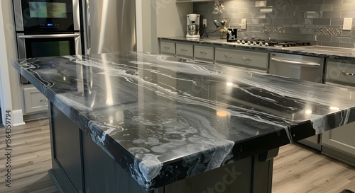 Wallpaper Mural Elegant modern kitchen interior featuring a luxurious black and white epoxy resin countertop on a central island with grey cabinetry and stainless steel appliances. Torontodigital.ca