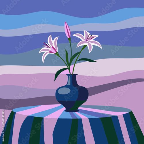 Stylized lilies in a dark blue vase on a striped tablecloth against a wavy background