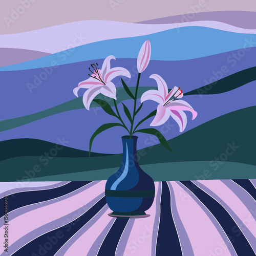 Stylized still life of pink lilies in a blue vase on a striped surface
