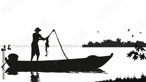 Silhouette of a fisherman in a boat casting a net with birds and trees in the background landscape