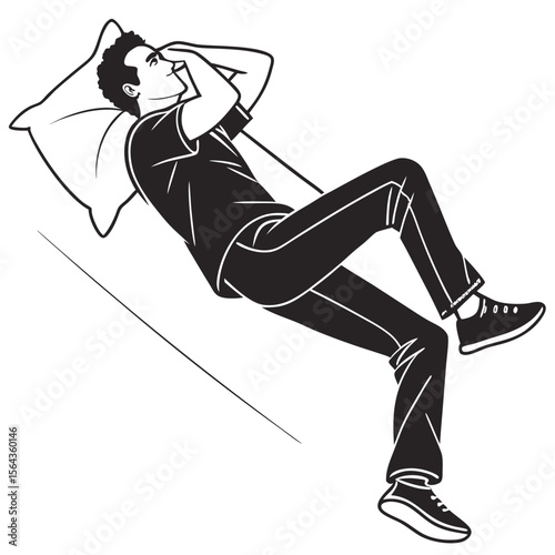 Relaxing Pose: Man Resting on Pillow, Line Art Illustration