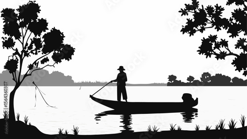 Silhouette of a man in a boat with a paddle on a lake surrounded by trees and vegetation scenery landscape
