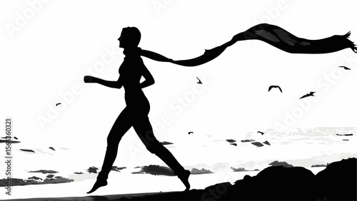 Silhouette of a woman running with a scarf blowing in the wind near the ocean with birds flying overhead