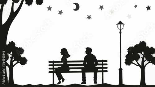 Silhouette of couple on bench under moon and stars with tree and lamp post in monochrome night scene