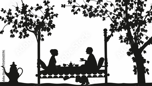 Silhouette of a couple having tea under trees with a teapot and a turtle in a black and white design