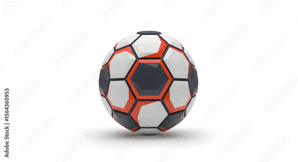 Fototapeta premium Modern 3D Soccer Ball with Orange and Dark Gray Panels Isolated on White Background, Football Sports Equipment