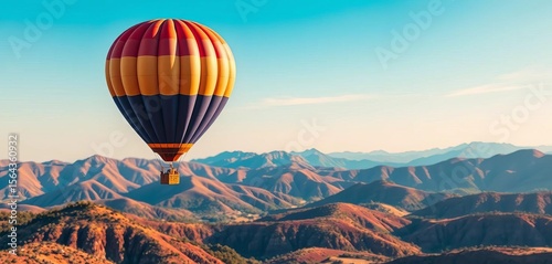 Charming hot air balloon paper art, soaring over vibrant hills and mountains Clear sky, ample copy space, elevation, scenic