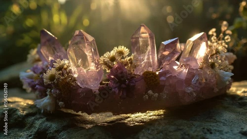 Mystical Amethyst Crown with Floral Accents on Stone Surface Radiating Soft Light