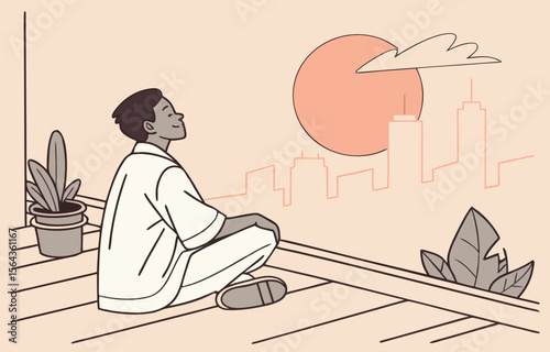 young Man Meditating on Rooftop at Sunrise – Inner Peace and Mental Clarity Concept Vector