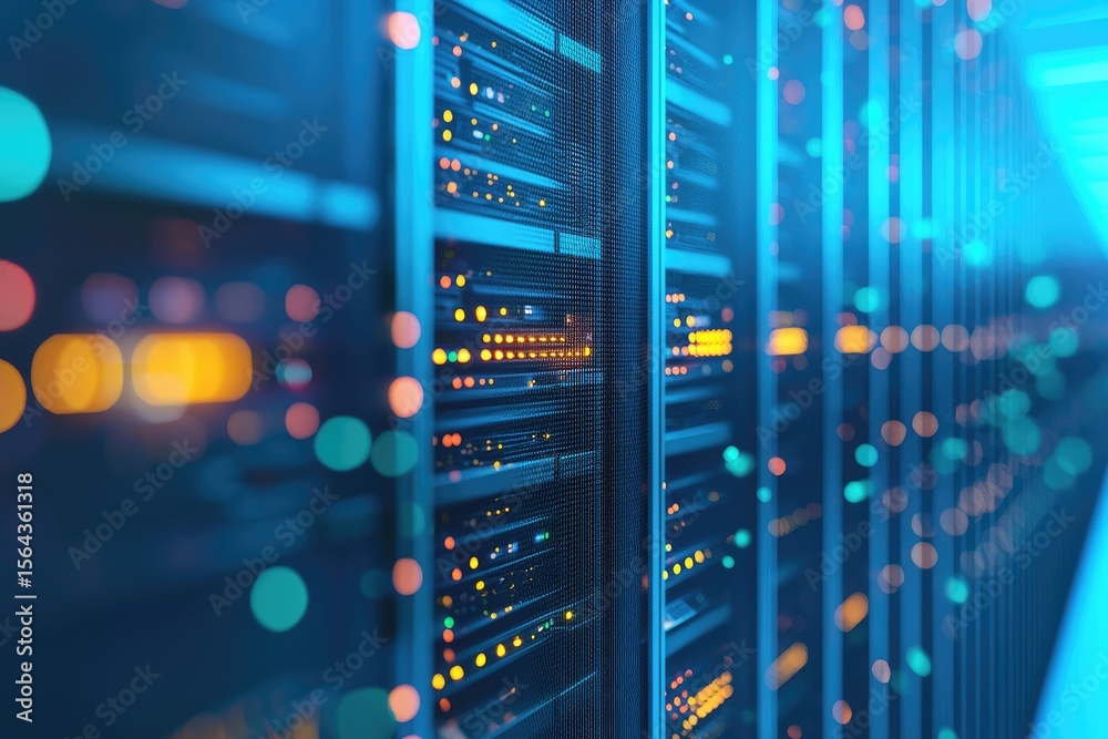 Naklejka premium High-tech data center with illuminated server racks and colorful reflections, ideal for cloud computing, IT infrastructure, cybersecurity, and futuristic technology concepts