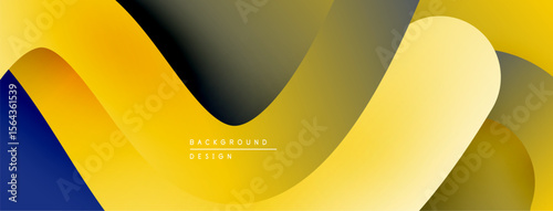 Abstract flowing shapes, vibrant yellow, dark blue, gray gradients. Modern design, smooth curves create dynamic composition.