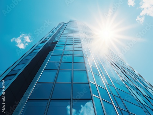 Wallpaper Mural Modern Business Office Building with Sunlight Glass Curtain Wall, Sky Blue Minimalist Illustration Background Torontodigital.ca