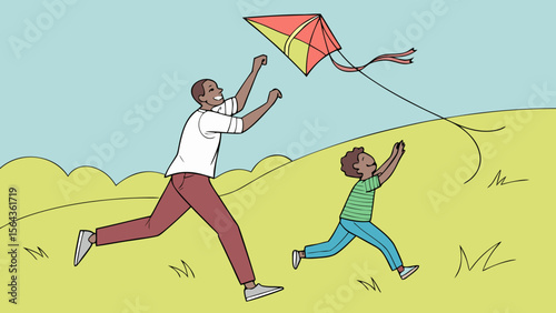 Father and Son Flying a Kite Together while child trying to catch string – Outdoor Childhood Joy Vector
